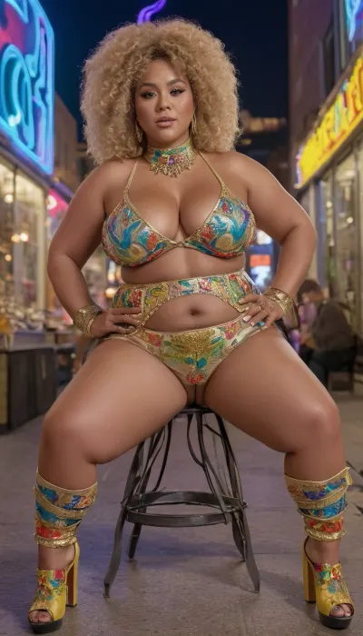 Hyper realistic Full body picture of a very short young small body tan skintone 40 year old fat chubby BBW woman with a realistic afro that is multi colored located in a brightly lit colorful neon public OUTDOOR street corner mall music store with people walking by while surrounded by glowing neon metallic chess pieces on a glowing chess board pattern sidewalk while sitting back on a throne made of glowing metallic marijuana leaves with a glowing neon colorful ornate dragon penis shaped dildo in her pussy, wearing a colorful ornate full skull owl themed luchador facemask, wearing an ornate colorful facemask, wearing bright metallic colorful platform high heels, metallic colorful ornate spiked open jacket top pulled up over tits, short small torso, small perfect hands, short arms, small arms, small shoulders, chubby ribs, no visible ribs, chubby belly, giant J cup natural saggy breast with large wide pale nipples, no muscle, no hips, thin hips, narrow hips, flat ass, short height, colorful metallic choker around neck, oiled looking skin, cellulite on body, WORDSALAD, high detailed, 4k, high resolution body, high resolution face, photorealistic, RAW, (far away view), (full body view), (pussy), (shaved pussy), <lora:220437_training_data:.5>