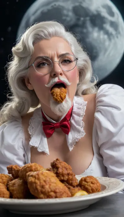 female colonel sanders eating fried chicken on the moon, huge tits, exposed breasts, grey beard and moustache