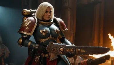 spaceship background, (well proportioned figure), (busty), heavy fullarmor, chainsaw-sword, bolter, space marine in background, adepta, sororitas, warhammer, 40k, wh40k, <lora:WH40XL:.5>, <lora:668916_training_data:.5>