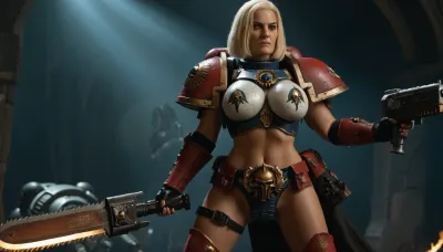spaceship background, (well proportioned figure), (busty), heavy fullarmor, one hand chainsaw-sword, other hand bolter, space marine in background, adepta, sororitas, warhammer, 40k, wh40k, <lora:WH40XL:.5>, <lora:668916_training_data:.5>