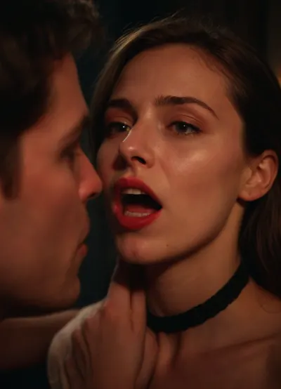 (((Dark Room))), (((very little lighting))), (((Night time))), (((camera flash))), (((dual tone photo))), (((black and red photo))), we see a woman being grabbed by her neck, her neck is arched to the back exposing her neck as a male is grabbing her by the neck, (((grabbing her throat))), 50mm lens, f/5.6, (((film photography))), (((grainy photo))), vintage photo, (((close-up shot))), intimate shot, part of woman's face is visible, half of the face is outside the frame, 80sPortrait, <lora:80sPortrait2-XL:.5>, Butterfly, Lighting, style, nose, shadow, <lora:Butterfly Lighting style v2:.5>
