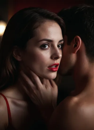 erotic photography, (((black and white photography))), (((Dark Room))), (((very little lighting))), (((Night time))), (((camera flash))), (((dual tone photo))), (((black and red photo))), we see a woman being grabbed by her neck, her neck is arched to the back exposing her neck as a male is grabbing her by the neck, (((grabbing her throat))), 50mm lens, f/5.6, (((film photography))), (((grainy photo))), vintage photo, (((close-up shot))), intimate shot, part of woman's face is visible, half of the face is outside the frame, 80sPortrait, <lora:80sPortrait2-XL:.5>, Butterfly, Lighting, style, nose, shadow, <lora:Butterfly Lighting style v2:.5>