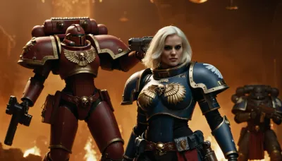 spaceship background, (well proportioned figure), (busty), heavy fullarmor, other hand bolter, space marine in background, adepta, sororitas, warhammer, 40k, wh40k, <lora:WH40XL:.5>, <lora:668916_training_data:.5>