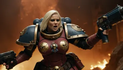 spaceship background, (well proportioned figure), (busty), heavy fullarmor, other hand bolter, space marine in background, fighting, adepta, sororitas, warhammer, 40k, wh40k, <lora:WH40XL:.5>, <lora:668916_training_data:.5>