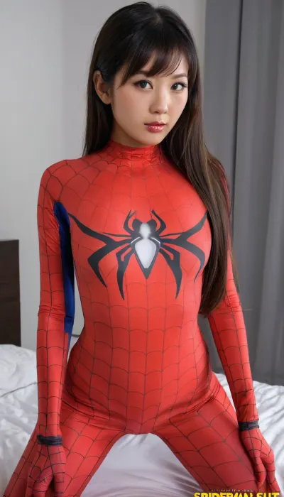 Sexy asian lady wearing super tight Spideman suit, perfect body, sweet face, front shot, 4k, ultra realistic