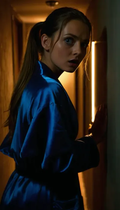 Back view, (looking over his shoulder), skinny 25 years sexy woman, long straight ponytail hair, perfect face, in corridor, night, absolute darkness, deep black shadows, weared in blue satin robe, ((a flashlight shines on a girl's face, The very bright light from the flashlight illuminates the face, Scared, wide-eyed, terrified, open mouth, looking to the camera, looking on me, hands up))
