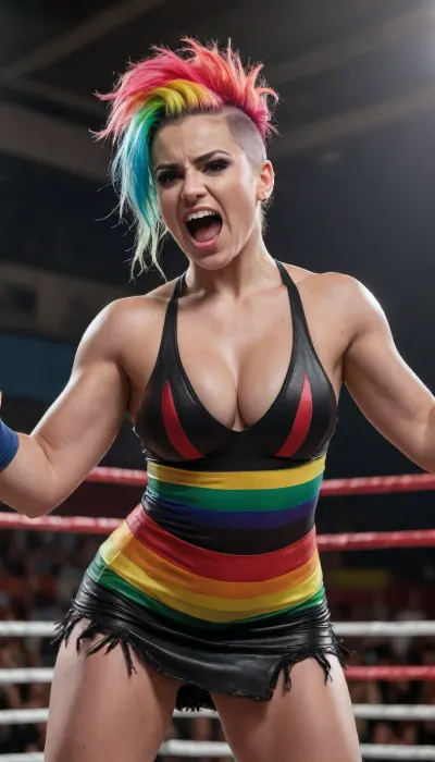A wrestling woman, big breasts, long rainbow hair, mohawk haircut, wrestling ring, black micro skirt, victory pose, torn dress