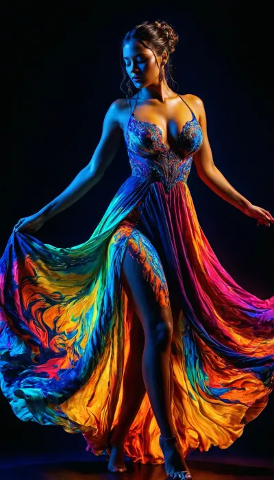 Colorful woman, Black ink flow, 8k, photorealistic masterpiece, intricately detailed fluid gouache, calligraphy, watercolor art, professional photography, volumetric lighting, photo-illustration, concept art, elegant, fantastical, PENeonUV, blacklight, neon, the whole body is visible, dynamic pose, dancing, voluptuous dress, big tits, <lora:PE_NeonUV Style:.5>