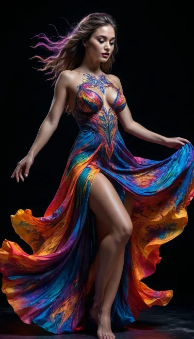 Colorful woman, Black ink flow, 8k, photorealistic masterpiece, intricately detailed fluid gouache, calligraphy, watercolor art, professional photography, volumetric lighting, photo-illustration, concept art, elegant, fantastical, PENeonUV, blacklight, neon, the whole body is visible, dynamic pose, dancing, voluptuous dress, big tits, XUER, Silk, Road, glowing, dress, <lora:PE_NeonUV Style:.5>, <lora:绪儿XL 丝路流光裙 XUER Silk Road glowing dress:.6>