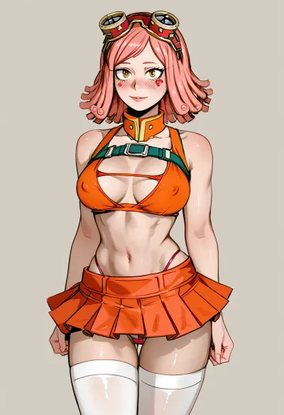 (mei hatsume from my hero academia), beautiful face, blush, freckles, ultra high details, breasts, hips, super waist, perfect anatomic body, erect nipples, ((red micromini skirt, orange sportsbra, white stockings, g-string panties)), ratatatat74, <lora:cartoon_stickers_xl_v1:.6>, <lora:ratatatat74-000050:1.6>