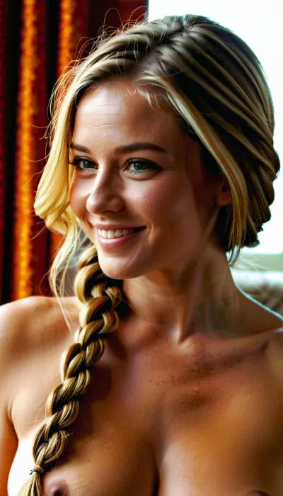 30 year-old, large big breast, perfect nipples, saggy breast, anathomically perfect body, realistic body, smiles, anathomically correct hands, anathomically correct fingers, perfectly drawn fingers, correct eyes, perfect face, (very hairy pussy), (bushy pussy), good pubic hair, bushy vagina, (long dirty-blond-painted hair with braid), shy face, pleasure faces, realistic photo, small butt, amateur, sunny living-room