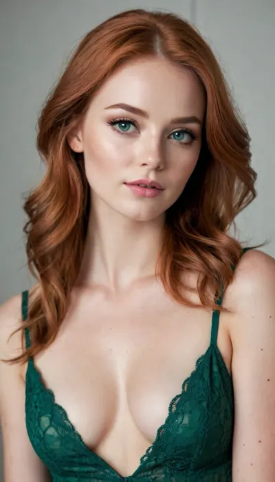 Hyperrealistic full body shoot of a breathtaking natural redhead woman, (age 22), . Photorealistic 8K, ultra-detailed professional photography with soft ambient lighting.

SUBJECT DETAILS, Height, 5'8", (174cm), long-legged elegant physique
- Hair, Luxurious natural auburn/copper hair, silky and slightly wavy, flowing past mid-back, styled with loose romantic curls and subtle layers, dimensional color with golden highlights catching the light
- Face, Symmetrical features, high cheekbones, small straight nose, full lips with natural pink undertone, flawless porcelain skin with light freckles across nose and cheeks
- Eyes, Large almond-shaped emerald green eyes, long natural lashes, perfectly groomed eyebrows in auburn shade
- Makeup, Professional evening makeup, subtle champagne shimmer eyeshadow, winged eyeliner, individual lashes, rose-gold highlighter on cheekbones, natural-looking contour, nude-pink glossy lips

OUTFIT, Dress, Emerald green lace dress
- Underwears, black stockings, no bras, no panty
- Shoes, stiletto high heels

SETTINGS, Location, street from Paris, <lora:398313_training_data:.5>