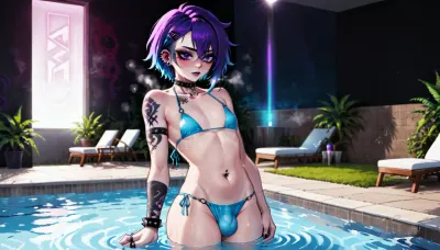 femboy floating in pool wearing bikini, small bulge, flat, chested, erect-futa, erect-penis, woman, testicles, erection, sggirl, emo, tattoo, pale, cold, lighting, blue, hair, red, purple, <lora:flat_chested_v3.5:.5>, <lora:SDXLlora13ErFut:1.1>, <lora:eGirls_XL_v1:.5>, <lora:SG_emo_girl_SDXL:.7>, piercing, ring, <lora:nippleRing:.5>