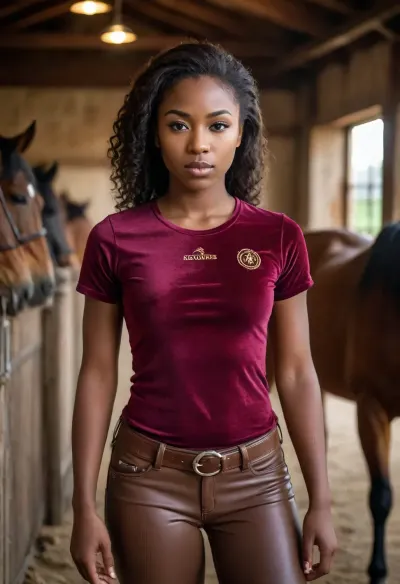ebony girl in horse stable wearing tight velvet t-shirt with ' Riding Queen ' on it