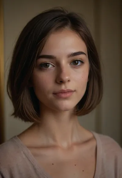 portrait of a, (beautiful:1.3), (sexy:1.3), (innocent:1.3), girl, (looking young:1.4), 18 yo, (makeup:1.3), thin, (French), (small nose:1.5), (shy, smile), Bob haircut, (brown hair), perfect eyes, (matte skin details), masterpiece, hyperrealistic photo, best quality, detailed, skin, blemish, (skin spots), <lora:add-detail-xl:2>