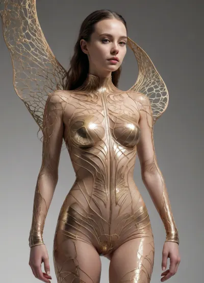 young woman, the light-skinned model shows off an avant-garde bodysuit, drawing inspiration from the complex, intricate designs of Iris van Herpen and the futuristic style of Ross Lovegrove. The bodysuit is made of openwork gold material, the lace structure of the jumpsuit has a futuristic parametric shape. Against a pure white background, the image focuses sharply on the model, emphasizing the details of the jumpsuit. The rendering aims for a high-resolution hyper-detailing effect, using techniques to achieve a photorealistic, hyper-realistic look that captures the subtle textures and nuances of materials and design, Translated with DeepL.com, (free version), SyFyEye1, space_backround, PEEpicLand, illustration, foreground, moonlight, reflection, sacredness, landscape, bright, fhd, 4k, high, resolution, realistic, hyperrealism, ultra, wide, shot, canon, 5d, v-ray, quixel, megascans, render, octane, <lora:SyFyEye1_XL_v1.0:.6>, <lora:space_backround-XL-7:1.7>, <lora:PE_EpicLand:.7>, <lora:ALisa_Selezneva_V5:2>