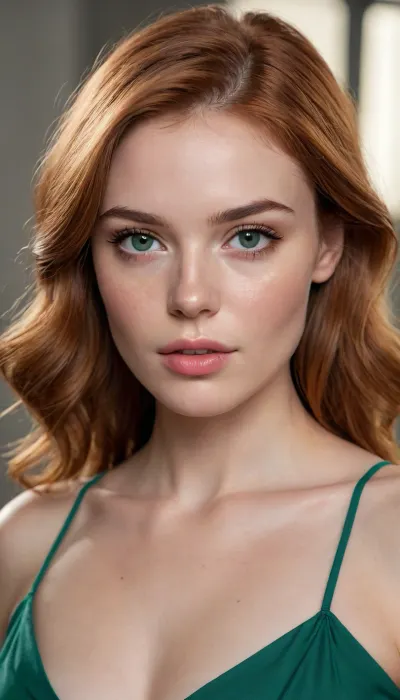 Hyperrealistic portrait of a female model, photorealistic 8K render. PHYSICAL FEATURES, Height, 5'8", (174cm), athletic yet feminine physique with long legs, naturally curved figure with 95C bust, slim waist, toned body without being muscular, elegant neck and defined collarbones. FACIAL FEATURES, Symmetrical heart-shaped face, high defined cheekbones, small straight nose, naturally full lips with perfect cupid's bow, flawless porcelain skin with delicate freckles across nose and cheeks, Large almond-shaped emerald green eyes with light golden flecks near pupil, long natural auburn lashes, perfectly arched eyebrows matching hair color. HAIR, Luxurious natural copper/auburn hair, silky and slightly wavy texture, thick volume, flowing past mid-back length, multi-dimensional color with subtle golden highlights catching light, face-framing layers. TECHNICAL SPECIFICATIONS, Ultra-detailed skin texture, subsurface scattering for realistic skin rendering, physically accurate eye reflections, natural hair movement and individual strand detail, 8K resolution, photorealistic quality, shot on medium format camera, beauty lighting setup, neutral background, center composition., <lora:Picture_enhancer:.5>