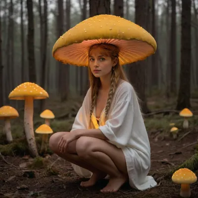 russian 18yo girl in forest clearing, (((girl squatting, hugging enormous giant mushroom with neon glowing cap under her head, unbuttoned white kaftan, yellow ornate, showing one breast, a lot of mushrooms around))), ((wearing Russian national costume, partially nude, bottomless, no panties, pussy, visible pussy)), ((full body view, side view)), ((anorexic body, small breasts, pussy, long thin legs, narrow waist, braided blonde hair)), detailed breasts, long detailed nipples, dslr qiality, good hands, perfect fingers, masterpiece, professional photo, high quality, high quality photo, style of V. Vasnetsov, russian village, ancient russia, khokhloma, gzhel, highres, extremely detailed, 8k photo, best quality, realistic, erotic, photorealistic, photo, photography, detailed, in focus, UHD 8k focus