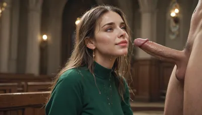 side view, gorgeous beautiful perfect busty sexy woman in tight green dress sitting on church steps, man urinating on her, woman smiling, (liquid streaming out of cock on to woman, (clothing drenched by urine)), (wet face, (droplets and urine dripping down face), (wet hair))