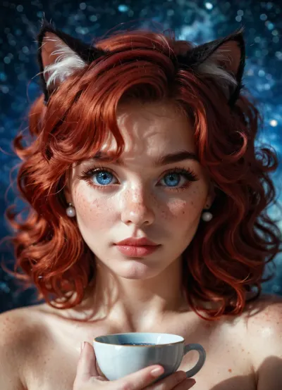 young woman 18 years old, red hair, short, shaggy, messy, cat ears, very pale skin, freckles, big blue saucer eyes, (big space eyes), chubby, long eyelashes, long bushy eyebrows