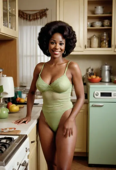 FOR THE LOVE OF GOD SHE JUST NEEDS FIVE FINGERS ON THAT LEFT HAND! Take a perfect candid analog photo of a quintessential African-American 1970s TV sitcom mom standing in a quirky kitchen with a very 1970s vibe wearing a skimpy transparent camisole, busty, cleavage, hairy bush, firm ass, smiling and a little naughty, photorealism, side view, Sitcom, Drama, Looking, to, the, side, Living, Room, Office, Smirk, Shocked, kitchen contains avocado-colored appliances and a fondue pot and items decorated with mushroom art and a beaded curtain, <lora:Sitcom_Drama_Style:.5>, <lora:detailed_notrigger:.5>, medium shot