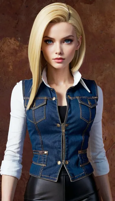 Cold yet Exquisite Features, Android 18 possesses deep, striking blue eyes, delicately arched eyebrows, and long, dark lashes, giving her a sharp and mysterious expression. Her facial features are well-defined, with a structured, almost sculpted look that conveys an aura of confidence and quiet superiority. Even with her typically neutral expression, she naturally exudes an intimidating presence.
Short Golden Hair, Her shoulder-length blonde hair is slightly curved inward at the ends, naturally framing her face. The smooth, silky strands enhance her futuristic and polished appearance, making her look both elegant and effortlessly cool.
Tall and Well-Proportioned Figure, Android 18 has a slim yet athletic build, with a toned, well-balanced physique. Her long, shapely legs and slender waist create a striking silhouette, embodying both strength and femininity. Unlike more voluptuous female characters in Dragon Ball, her appeal lies in her lean, sleek curves and naturally poised demeanor.
Minimalist yet Stylish Attire, Her signature outfit consists of a denim vest, black long-sleeved shirt, a short skirt, and black leggings, offering both mobility and a distinct sense of futuristic fashion. Even after transitioning into civilian life, she maintains an understated yet fashionable style, making her look effortlessly chic without trying too hard.