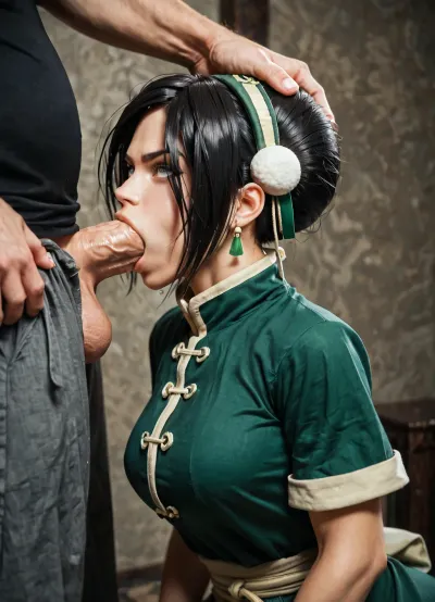 Toph having sex with a huge man, 1girl, toph, bangs, black, hair, blind, grey, eyes, between, bun, hairband, short, sleeves, tunic, chinese, clothes, baggy, capri, pants, 1man, huge, hyper, cock, deepthroat, man grabs hair, <lora:TophIllustrious_byKonan:.5>