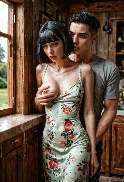 ((An insanely hot woman of 69 years old innocent-looking black haired, bob cut, housewife standing against the wall in a cottage kitchen)), ((very large boobs)), ((extremely skinny)), very tight floral casual summer dress, one breast falling out, cleavage, ((man is violently covering her mouth+groping her exposed breast+pinning her against the wall)), ((extremely sad facial expression)), ((panicking)), (looking at man with fear+annoyance), perfect hands, perfect fingers, perfect anatomy, realistic skin, skin pores freckles moles blemishes wrinkles