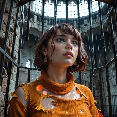 Velma Dinkley, in an abandoned castle with no roof, raining inside, alone, ((clothes torn in multiple places)), locked in a cage hanging from the ceiling, wet body, wet hair, detailed background