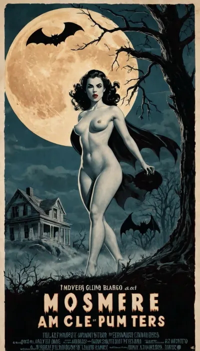 The image is a vintage-style movie poster for an imaginary 1950s horror B-movie, designed with a dramatic hand-painted look. The title is displayed in large, jagged, blood-red letters at the top, with a chilling tagline below, written in an eerie, dripping font. The background is dark and shadowy, featuring a full moon behind twisted, leafless trees, casting eerie light over the scene. Thick fog rolls across the ground, partially obscuring a crumbling old house or gothic mansion in the distance.

At the center of the poster, a nude woman in distress is prominently featured. Her eyes are wide with terror, her mouth open in a scream. One arm is raised as if to shield herself, while the other reaches out, frozen in fear.

The reason for her distress is a monstrous figure closing in on her. It’s a vampire with an elongated face, sharp fangs bared, and a black cape billowing in the wind. Another possibility is a shadowy, clawed figure lurking just behind her, barely visible in the darkness, its glowing eyes the only thing cutting through the gloom.

Other sinister elements fill the background—a black cat with arched back and glowing eyes, a bat flying across the moon, or a hand emerging from a fresh grave. At the bottom of the poster, the credits are written in a classic horror-style font, listing over-the-top actor names and a fictional director. The entire composition is high-contrast, with deep shadows and bright highlights, creating a sense of dread and tension., (nudity:1.5)