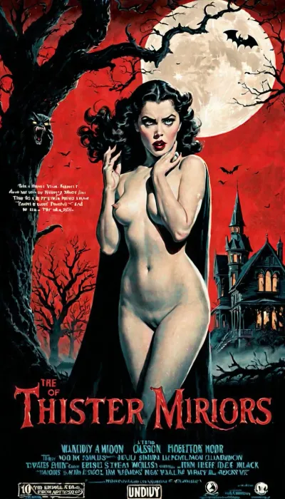 The image is a vintage-style movie poster for an imaginary 1950s horror B-movie, designed with a dramatic hand-painted look. The title is displayed in large, jagged, blood-red letters at the top, with a chilling tagline below, written in an eerie, dripping font. The background is dark and shadowy, featuring a full moon behind twisted, leafless trees, casting eerie light over the scene. Thick fog rolls across the ground, partially obscuring a crumbling old house or gothic mansion in the distance.

At the center of the poster, a nude woman in distress is prominently featured. Her eyes are wide with terror, her mouth open in a scream. One arm is raised as if to shield herself, while the other reaches out, frozen in fear.

The reason for her distress is a monstrous figure closing in on her. It’s a vampire with an elongated face, sharp fangs bared, and a black cape billowing in the wind. Another possibility is a shadowy, clawed figure lurking just behind her, barely visible in the darkness, its glowing eyes the only thing cutting through the gloom.

Other sinister elements fill the background—a black cat with arched back and glowing eyes, a bat flying across the moon, or a hand emerging from a fresh grave. At the bottom of the poster, the credits are written in a classic horror-style font, listing over-the-top actor names and a fictional director. The entire composition is high-contrast, with deep shadows and bright highlights, creating a sense of dread and tension., (nudity:1.5)