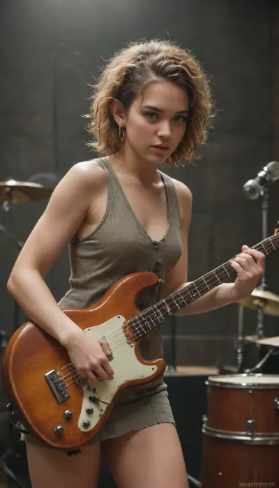 an image of an a scene, wide angle hdtv, of a melodic metal band. the singer is a beautiful valkyrie, the bass is played by a dwarf, the drums by a goblin and the guitar by an elf