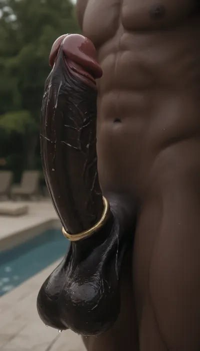 ((penis closeup, dark black cock in focus)), side view, ((cinematic lighting)), ((evil dark black monster phallus)), genital closeup, (ultradetailed veiny texture), (porn lighting), oiled wet body, ((very dark black skin)), erect, penis curved upwards, arching, arched tip, dark tip, ((hyper gigantic black penis)), (bulbous veins), ((huge thick luxurious wide cock ring)), muscular and dark, (dark thighs), (ruby decoration details), ((sophisticated angelic delight)), ((outdoors at luxury hotel poolside, black-red-gold colors, angelic themes)), ((luxurious lush thick lube oil over the penis, wet penis)), (hyper dark black dick), enormous girthy fat dark black dick, phallic details, hung faceless very dark black monster african male, (exquisite phallus), ((solo male)), darkx, (oily), (saggy balls), (balls fully visible), ((fantastical special phallus)), volume effect, ((day time)), bright sunlight, (very black-skinned), ((jet-black skin))