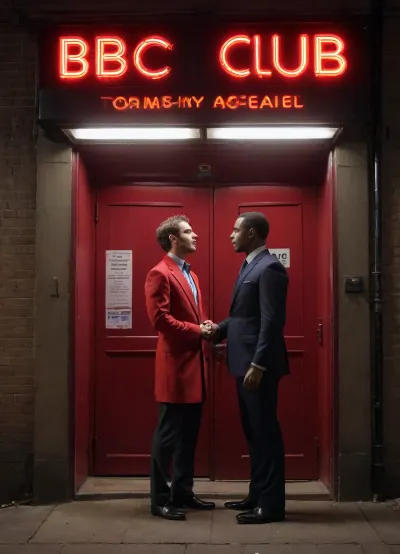 neon lights above it displaying the words "BBC Club." A Caucasian man and an Iranian woman with brown hair kneel in a quiet alley, both dressed in elegant evening attire. The woman wears a short red dress paired with high-heeled YSL shoes. The man is dressed in a formal outfit beside her. At the end of the alley, there is a door with neon lights above it displaying the words "BBC Club." In front of the door, two muscular Black men stand guard. The background is dimly lit, with neon lights casting a moody atmosphere over the scene. neon lights above it displaying the words "BBC Club."