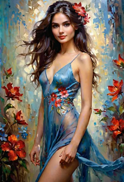 masterpiece full body portrait painting of a beautiful nude girl, persian look, innocent smile, flowery painting, gauzy indigo color satin dress, natural athletic look, slim build, pale skin, skinny, tall, with flower in her hair, long flowing dark brown hair, stunning light blue eyes, airbrush, matte skin tone, wlop and ross tran, sexy side glance, intricate, elegant girl, acrylic and spray paint, artwork, novuschroma40, style, Andrew, Atroshenko, Style, page, <lora:warmbackgroundxl-v1-000100:1.2>, <lora:CBS_novuschroma40 style:1.1>, <lora:Andrew Atroshenko Style:1.3>