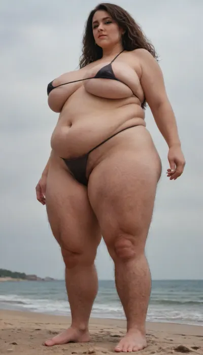 beautiful naked fat, overweight, huge, saggy, big woman, musculature, antique, barefoot, concept art, beach, fat legs, big saggy belly, abnormal huge breast, (very hairy legs:1.7), micro bikini, sagging, breasts, megachubsdxl, morbidly, obese, side view, from below, biggest thing, <lora:Saggy_Hellhound_Lady-000006:.5>, <lora:Taretiti_XL-v1:.5>, <lora:sagging breasts XL:.5>, <lora:megachubsdxl_13:.5>