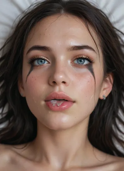 cute young cumslut lying on the bed, very long dark black hair, wet hair, sweaty skin, running mascara, smeared makeup, semen drips over her face all of her body and face is covered in semen, on her face, in her mouth, on her tongue