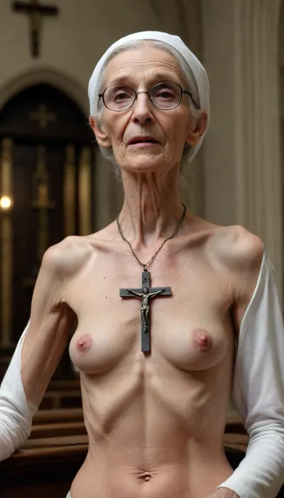 Extremely old grandmother, extremely skinny, ribs showing, wrinkly saggy skin, loose flat tits, empty hanging wrinkled breasts, pierced nipples, entire body, detailed face, church, cathedral, glasses, nun, crucifix in pussy, cross nec