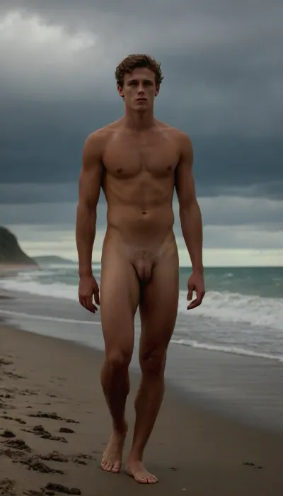 The image shows a very handsome 21 year old swimmer, strong legs, tanned skin, light brown hair, blue eyes, tan lines, walking naked on the beach. The sky is overcast and the lighting is soft. The man is naked and showing a large flaccid penis. The man has tan lines, penis, flaccid, erect, large, asshole, fuzzy, hairy, <lora:asshole kotos:.5>