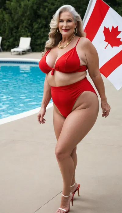 sexy mature granny, sexy 70 years old, dark blonde hair, long wave hair, glamour, big hoop earrings, necklace, wide hip, wide shoulder, thick body, very thick legs, curvy, very tall, very saggy tits, huge aureolas, gold necklace, looking at the camera, cellulite legs, cellulite but, huge culottes, long legs, charming, very fat ssbbw, very hot and horny, pointed stilettos slingback, pointed slingback stiletto, red and white Canada flag bikini, high waisted bikini, very high waisted bikini, sexy smile flirting face, at the swimming pool, walking toward the camera, pointed stiletto sling back focus, big culottes, Canadian, Canada