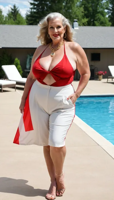 sexy mature granny, sexy 70 years old, dark blonde hair, long wave hair, glamour, big hoop earrings, necklace, wide hip, wide shoulder, thick body, very thick legs, curvy, very tall, very saggy tits, huge aureolas, gold necklace, looking at the camera, cellulite legs, cellulite but, huge culottes, long legs, charming, very fat ssbbw, very hot and horny, pointed stilettos slingback, pointed slingback stiletto, red and white Canada flag bikini, high waisted bikini, very high waisted bikini, sexy smile flirting face, at the swimming pool, walking toward the camera, pointed stiletto sling back focus, big culottes, Canadian, Canada