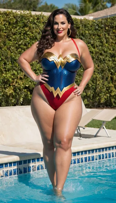 sexy mature, sexy 50 years old, dark brunette hair, long curly hair, glamour, big hoop earrings, necklace, wide hip, wide shoulder, thick body, very thick legs, curvy, very tall, very saggy tits, huge aureolas, gold necklace, looking at the camera, cellulite legs, cellulite but, huge culottes, long legs, charming, very fat ssbbw, very hot and horny, pointed stilettos slingback, pointed slingback stiletto, extreme high waist sexy huge bikini, high waisted bikini, very high waisted bikini, sexy smile flirting face, at the swimming pool, pointed stiletto sling back focus, big culottes, side view, back view, wet body, wet hair, coming out of the swimming pool, wonder woman costume, wonder woman