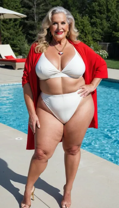 sexy mature granny, sexy 70 years old, dark blonde hair, long wave hair, glamour, big hoop earrings, necklace, wide hip, wide shoulder, thick body, very thick legs, curvy, very tall, very saggy tits, huge aureolas, gold necklace, looking at the camera, cellulite legs, cellulite but, huge culottes, long legs, charming, very fat ssbbw, very hot and horny, pointed stilettos slingback, pointed slingback stiletto, red and white Canada flag bikini, high waisted bikini, very high waisted bikini, sexy smile flirting face, at the swimming pool, walking toward the camera, pointed stiletto sling back focus, big culottes, Canadian, Canada