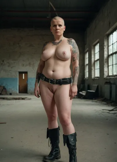(full body), ((full frontal nude)), 45yo pale tattooed chubby german woman, leather vest and wide leather belt, saggy breasts, ((hair shaved off)), ((head shaved bald)), leather boots, freckles, Chern4byl, <lora:PostApocalyptic_Chernobyl_v3:.5>, <lora:WomanXL_lora32-1:1.5>, looking sad, in an abandoned factory