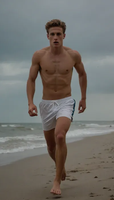 The image shows a very handsome 21 year old swimmer, strong legs, tanned skin, light brown hair, blue eyes, tan lines, running on the beach. The sky is overcast and the lighting is soft. The man is wearing tight white running shorts. The man is covered in sweat.