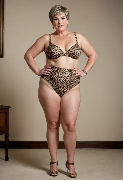 Bbw, 70 years old, anklet on one ankle, leopard print high heels, standing, hands on hips, show full body, leopard print lingerie, small breasts, no shirt, no bra, more wrinkles, pixie cut, overweight curvy, wrinkles, extra wide hips, extra wide ass