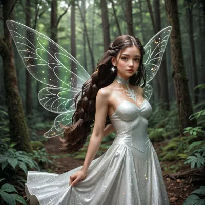 Brunette fairy chinese, very long hair in a braid, white silk dress, red and shiny wings, ((sparkles everywhere like magic dust)), . magical glitter in hair, silver choker, big expressive eyes, flying in the forest, detailed background, body view, <lora:580159_training_data:1>
