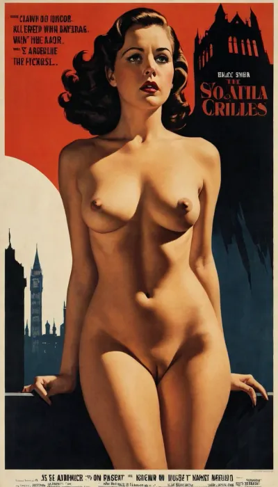 The image is a vintage-style movie poster for an imaginary Alfred Hitchcock film, designed in the iconic style of his classic posters from the 1950s and 1960s. The composition is bold and graphic, with a limited color palette—perhaps black, white, and a striking accent color like deep red or yellow. The typography is sharp and dramatic, featuring the director’s name in bold letters at the top, followed by a cryptic, suspenseful tagline. The film title is displayed prominently in large, clean, sans-serif or art deco-style lettering.

At the center of the poster is a nude woman in distress, a classic Hitchcock heroine. Her face is partially lit, with deep shadows obscuring part of her expression, creating a sense of mystery and unease. Her wide eyes are frozen in fear, and her mouth is slightly open as if she is about to scream but can’t. Her short, wavy hair is slightly disheveled. One of her hands is raised in a defensive posture, while the other clutches at her chest, as if realizing something terrible.

The reason for her distress is suggested rather than fully revealed, adding to the suspense. A large shadowy figure looms behind her, its shape distorted and unnatural, stretching across the background like an ominous presence. Alternatively, an abstract spiral pattern—reminiscent of Vertigo—swirls behind her, pulling her into a dizzying sense of paranoia. Another variation might include a single, dark silhouette of a trench-coated man standing in the distance, watching her from the shadows.

The tagline adds to the intrigue, "She knew the truth. They knew she had to disappear." or "Once you hear the whisper, it's already too late." The background is minimal but striking—perhaps a stark city skyline, a long, empty corridor, or just deep, inky blackness. At the bottom, the credits are arranged in a sleek, minimalist layout, completing the poster’s vintage Hitchcockian aesthetic, (nudity:1.5)