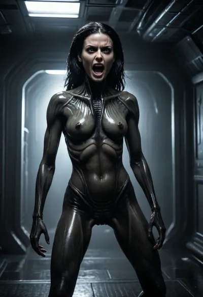 (warm ambient light:.5), (shadows:.4), RAW image, Canon EOS R3, DSLR photo, 8k, best quality, (masterpiece:1.1), (realistic, photo-realistic:1.2), ultra high res, (white woman with black hairs), (woman merging with xenomorph), (she has a xenomorph tail), (she has xenomorph body), (black xenomorph body), (she a normal human head on a xenomorph body), (human head), backlight, mutating, (40 year old woman, black hairs), (in a dark space ship), (wet hairs), ((dark eyes), (evil look)), (she is standing on her toes), claws, (long arms), (long legs), (she is in pain), screaming, (huge claws)