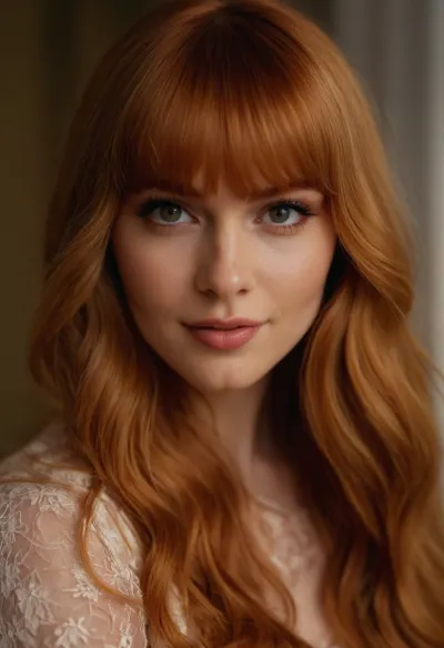 (long silky strawberry blonde hair with bangs and a defined fringe, hair styled in textured waves), intimate portrait, makeup model, hair product model, large doe eyes, enchanting eyes, mischievous grin, perfecteyes, <lora:PerfectEyesXL:.5>, sunnyrayyxo, <lora:sunnyrayyxo_v1_SDXLBase:.5>, ziprealism